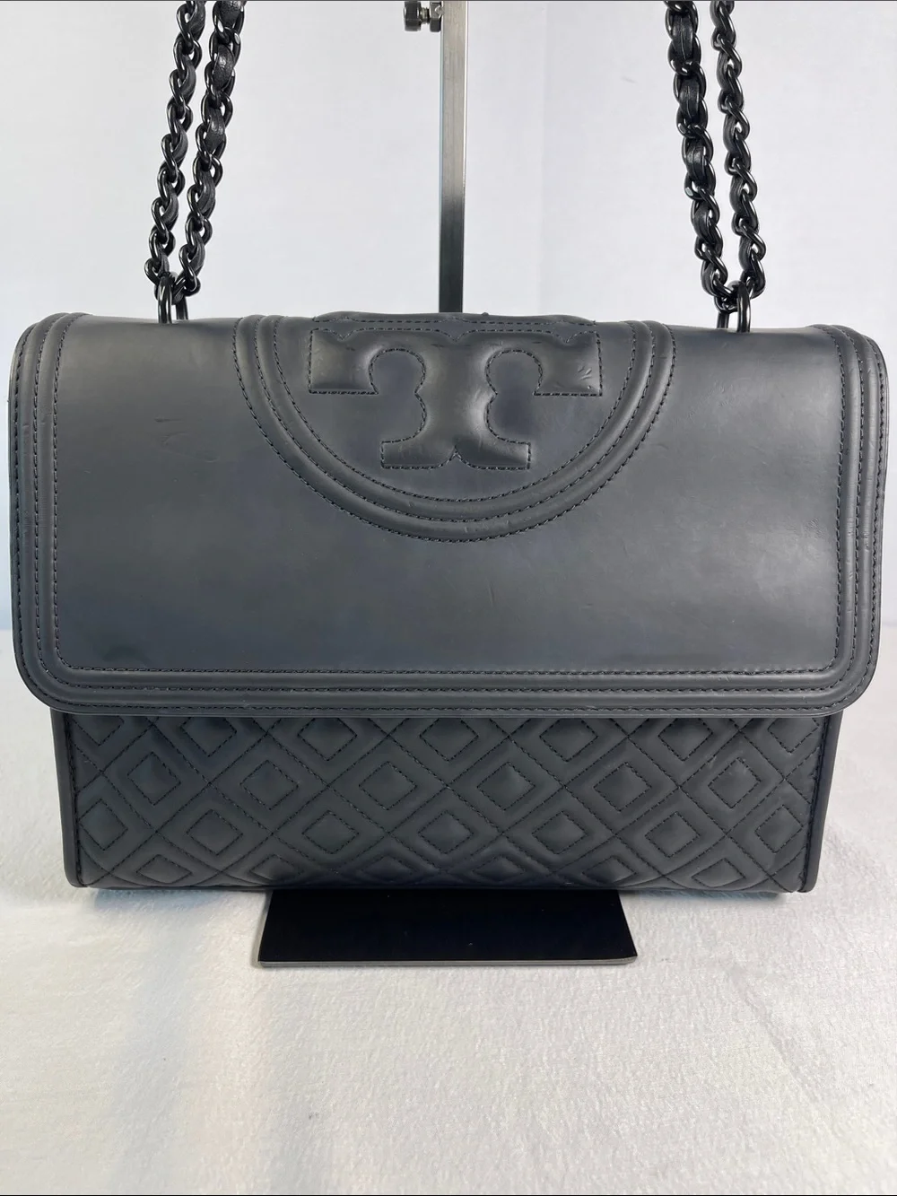 Tory Burch Fleming Convertible Shoulder Bag Black Leather Quilted Chain Large